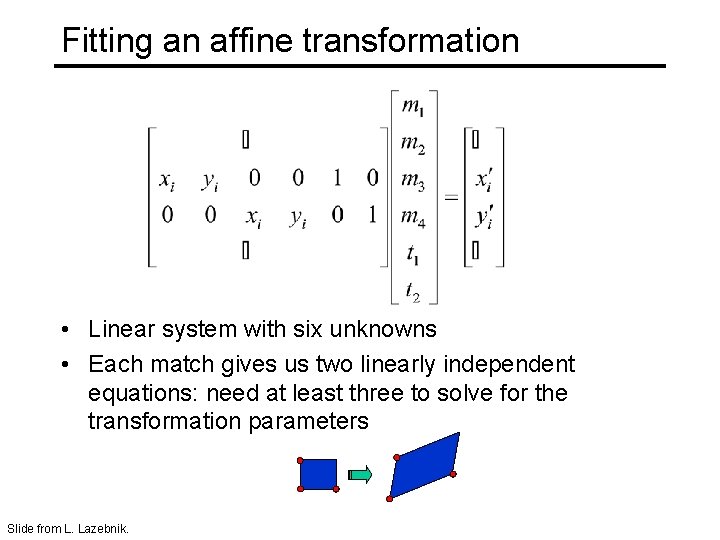 Fitting an affine transformation • Linear system with six unknowns • Each match gives