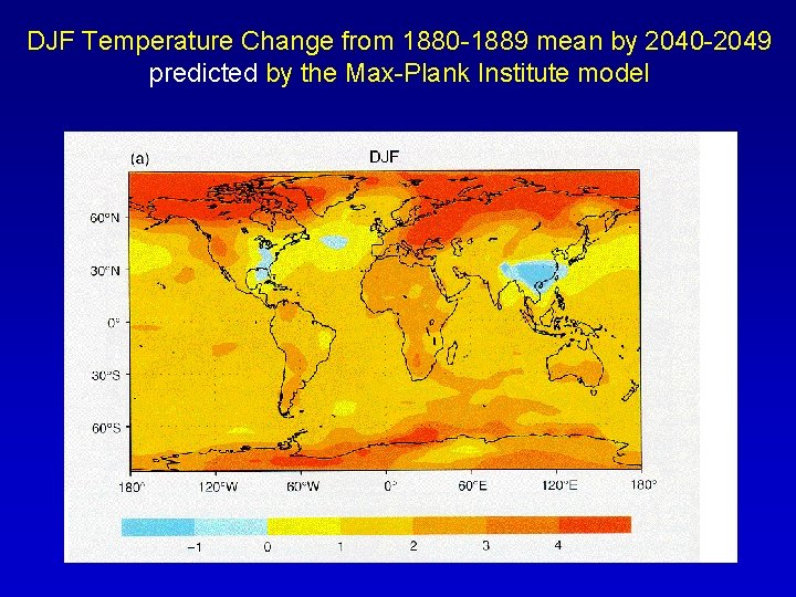 DJF Temperature Change from 1880 -1889 mean by 2040 -2049 predicted by the Max-Plank