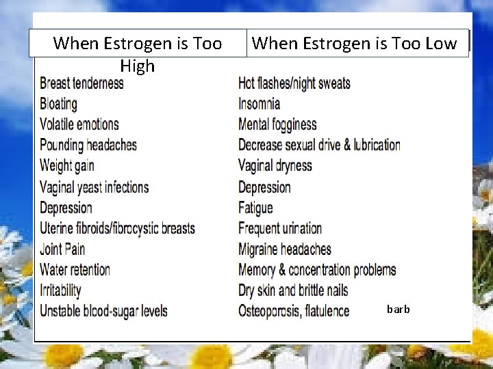 When Estrogen is Too High When Estrogen is Too Low barb 