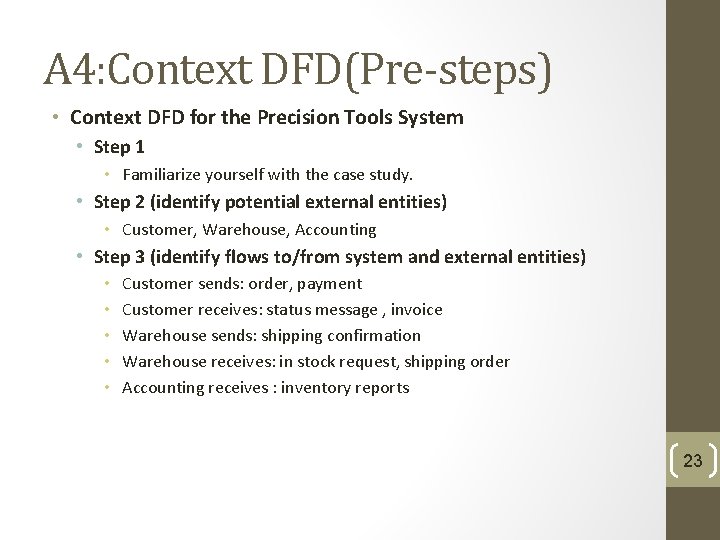 A 4: Context DFD(Pre-steps) • Context DFD for the Precision Tools System • Step A 4: Context DFD(Pre-steps) • Context DFD for the Precision Tools System • Step