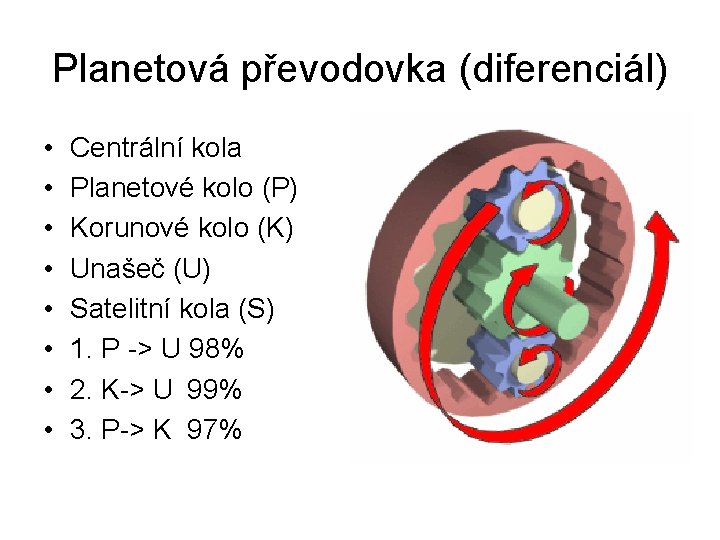 Planetová převodovka (diferenciál) • • Centrální kola Planetové kolo (P) Korunové kolo (K) Unašeč