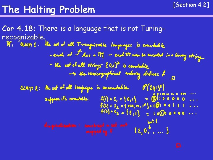 The Halting Problem Cor 4. 18: There is a language that is not Turingrecognizable.