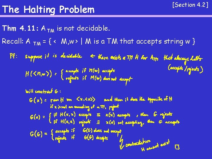 The Halting Problem [Section 4. 2] Thm 4. 11: A TM is not decidable.