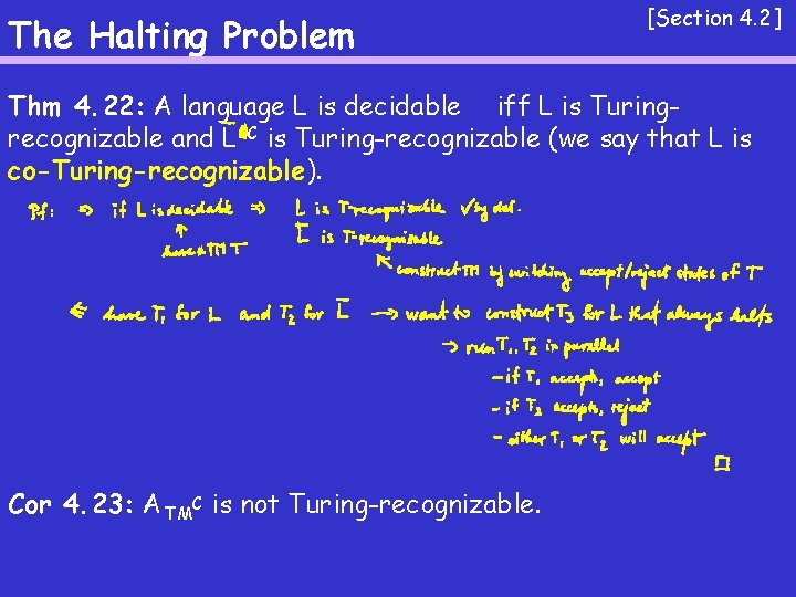 The Halting Problem [Section 4. 2] Thm 4. 22: A language L is decidable