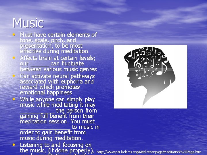 Music • Must have certain elements of • • tone, scale, pitch, and presentation,