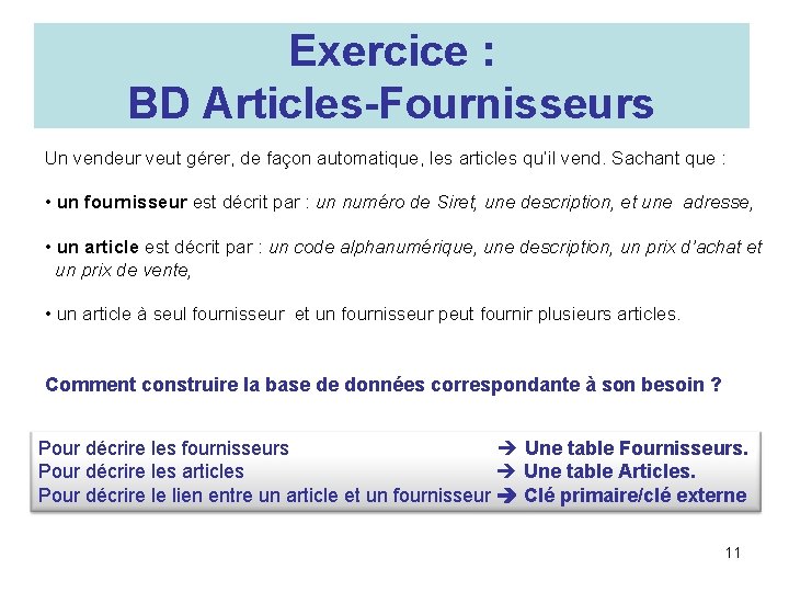 Exercice : BD Articles-Fournisseurs Un vendeur veut gérer, de façon automatique, les articles qu’il
