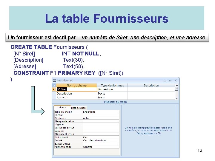 La table Fournisseurs Un fournisseur est décrit par : un numéro de Siret, une