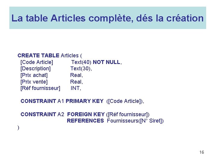 La table Articles complète, dés la création CREATE TABLE Articles ( [Code Article] Text(40)