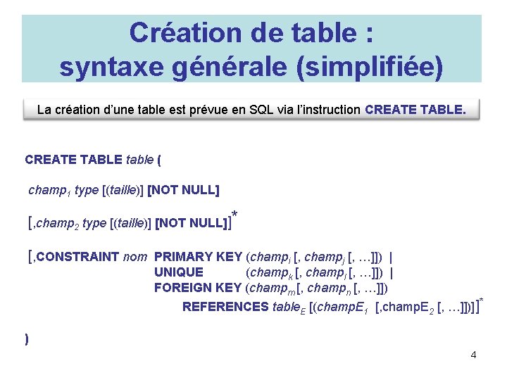 Création de table : syntaxe générale (simplifiée) La création d’une table est prévue en