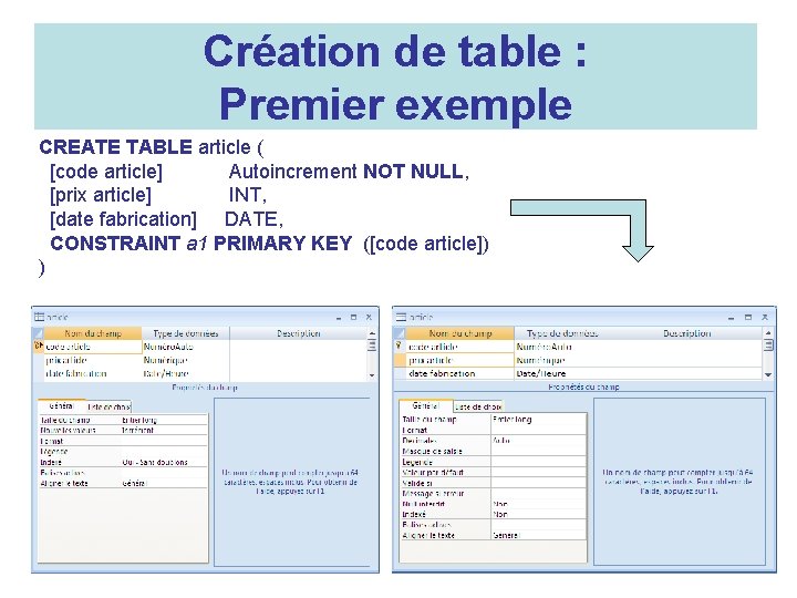 Création de table : Premier exemple CREATE TABLE article ( [code article] Autoincrement NOT