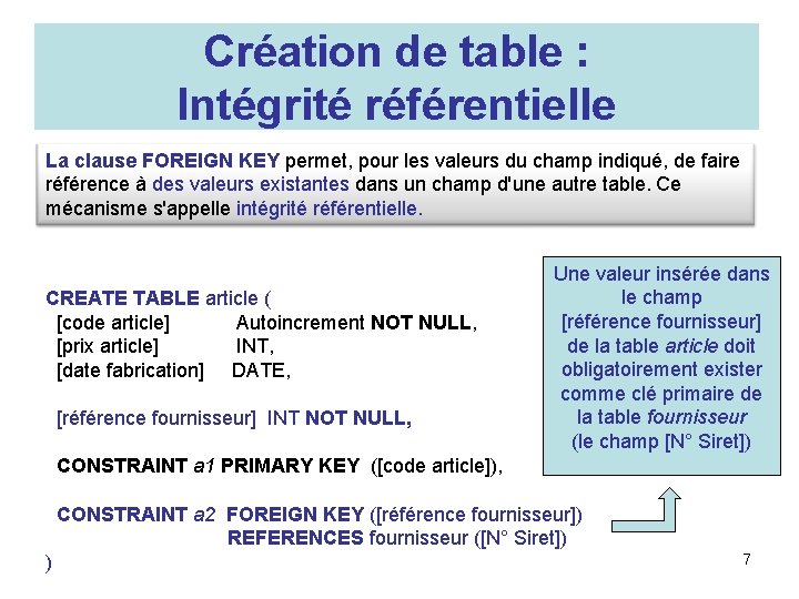 Création de table : Intégrité référentielle La clause FOREIGN KEY permet, pour les valeurs
