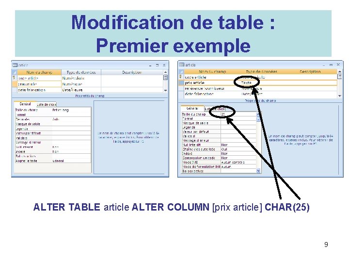 Modification de table : Premier exemple ALTER TABLE article ALTER COLUMN [prix article] CHAR(25)