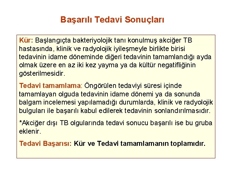 Başarılı Tedavi Sonuçları Kür: Başlangıçta bakteriyolojik tanı konulmuş akciğer TB hastasında, klinik ve radyolojik