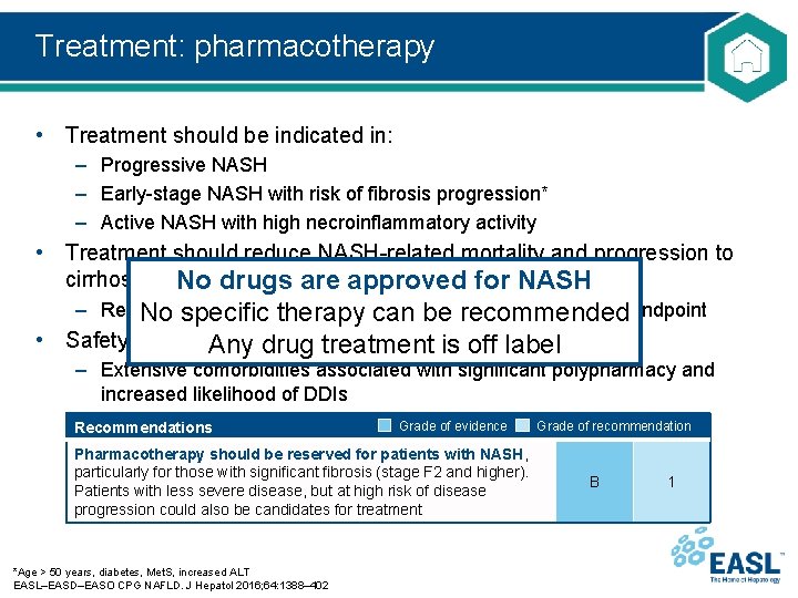 Treatment: pharmacotherapy • Treatment should be indicated in: – Progressive NASH – Early-stage NASH