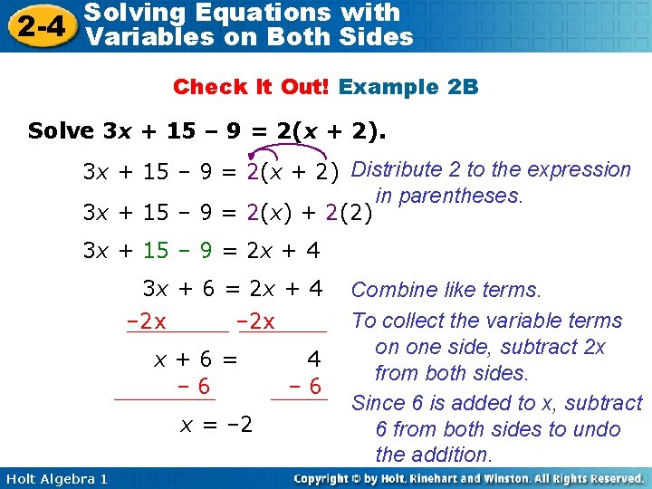 Solving Equations with 2 -4 Variables on Both Sides Check It Out! Example 2