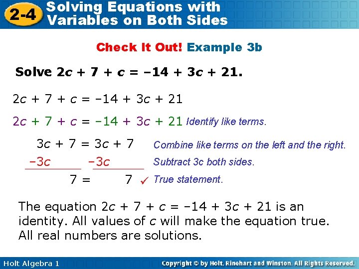 Solving Equations with 2 -4 Variables on Both Sides Check It Out! Example 3