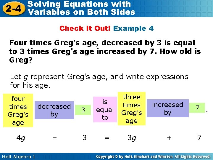 Solving Equations with 2 -4 Variables on Both Sides Check It Out! Example 4