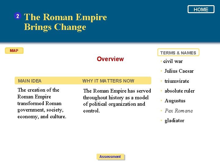 2 HOME The Roman Empire Brings Change MAP TERMS & NAMES Overview • civil