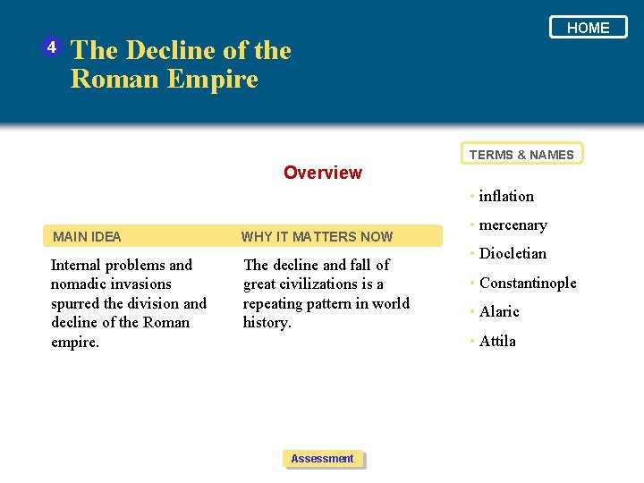 4 HOME The Decline of the Roman Empire TERMS & NAMES Overview • inflation