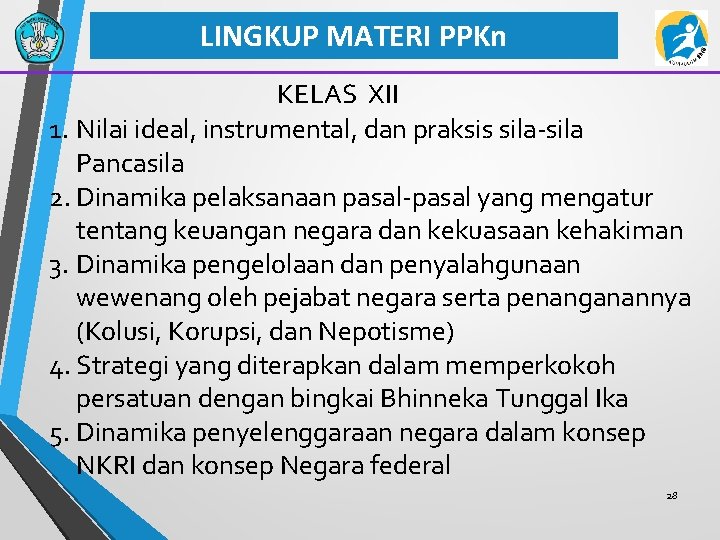 LINGKUP MATERI PPKn KELAS XII 1. Nilai ideal, instrumental, dan praksis sila-sila Pancasila 2.