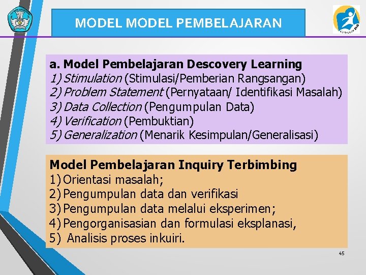 MODEL PEMBELAJARAN a. Model Pembelajaran Descovery Learning 1) Stimulation (Stimulasi/Pemberian Rangsangan) 2) Problem Statement