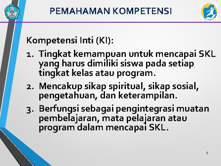 PEMAHAMAN KOMPETENSI Kompetensi Inti (KI): 1. Tingkat kemampuan untuk mencapai SKL yang harus dimiliki