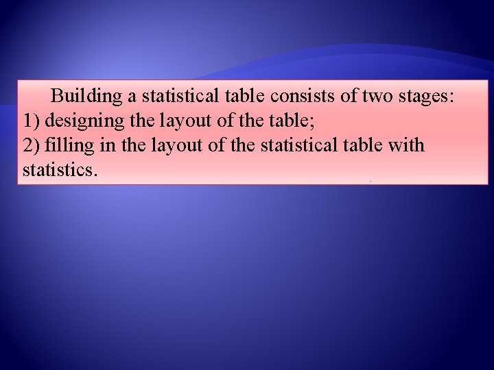 Building a statistical table consists of two stages: 1) designing the layout of the