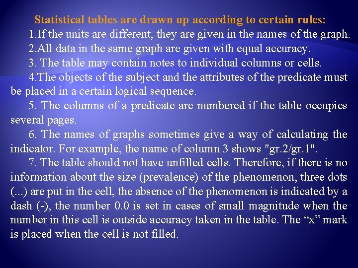 Statistical tables are drawn up according to certain rules: 1. If the units are