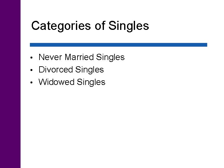 Categories of Singles Never Married Singles • Divorced Singles • Widowed Singles • 