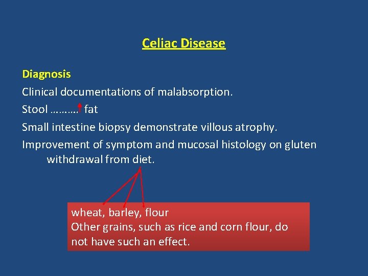 Celiac Disease Diagnosis Clinical documentations of malabsorption. Stool ………. fat Small intestine biopsy demonstrate