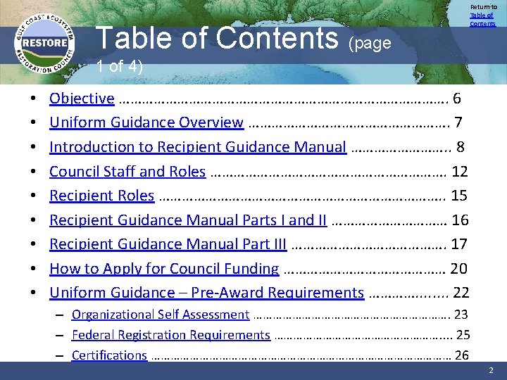 Table of Contents (page Return to Table of Contents 1 of 4) • •
