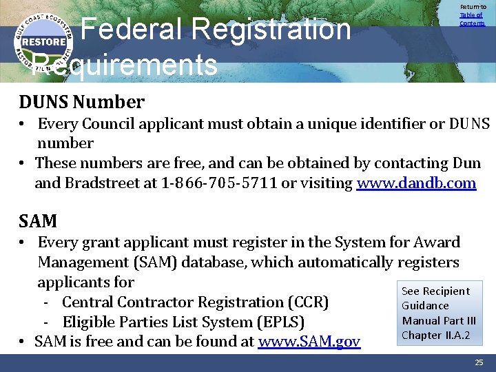 Federal Registration Requirements Return to Table of Contents DUNS Number • Every Council applicant