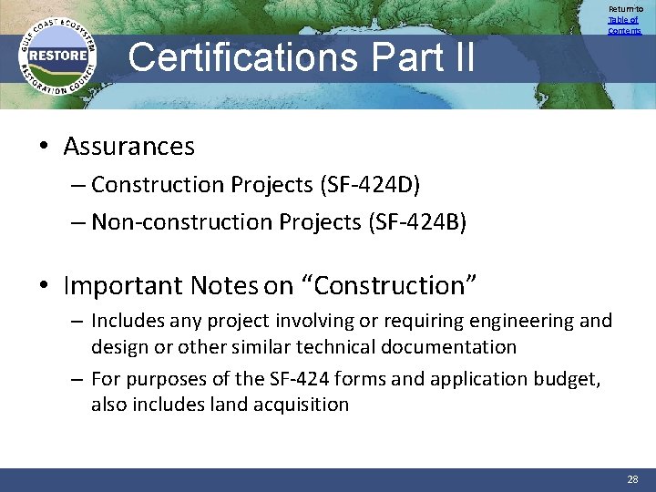 Certifications Part II Return to Table of Contents • Assurances – Construction Projects (SF-424