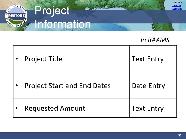 Return to Table of Contents Project Information In RAAMS • Project Title Text Entry