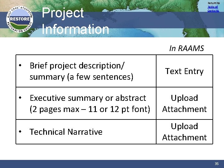 Return to Table of Contents Project Information In RAAMS • Brief project description/ summary