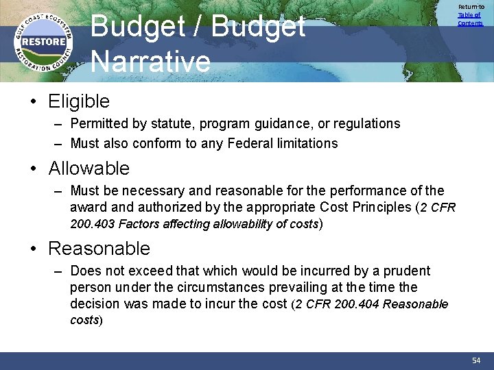 Budget / Budget Narrative Return to Table of Contents • Eligible – Permitted by