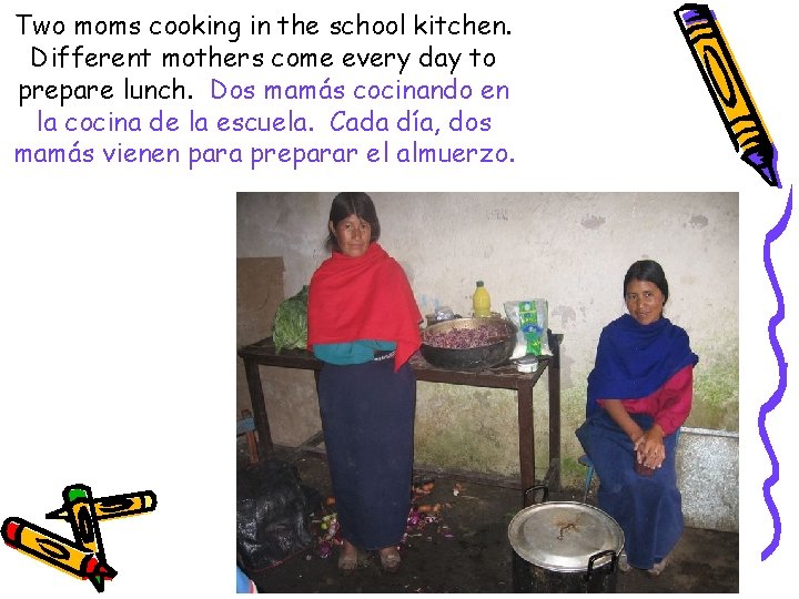 Two moms cooking in the school kitchen. Different mothers come every day to prepare