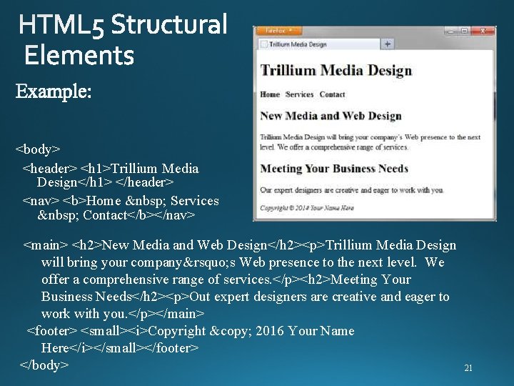 <body> <header> <h 1>Trillium Media Design</h 1> </header> <nav> <b>Home   Services   Contact</b></nav>