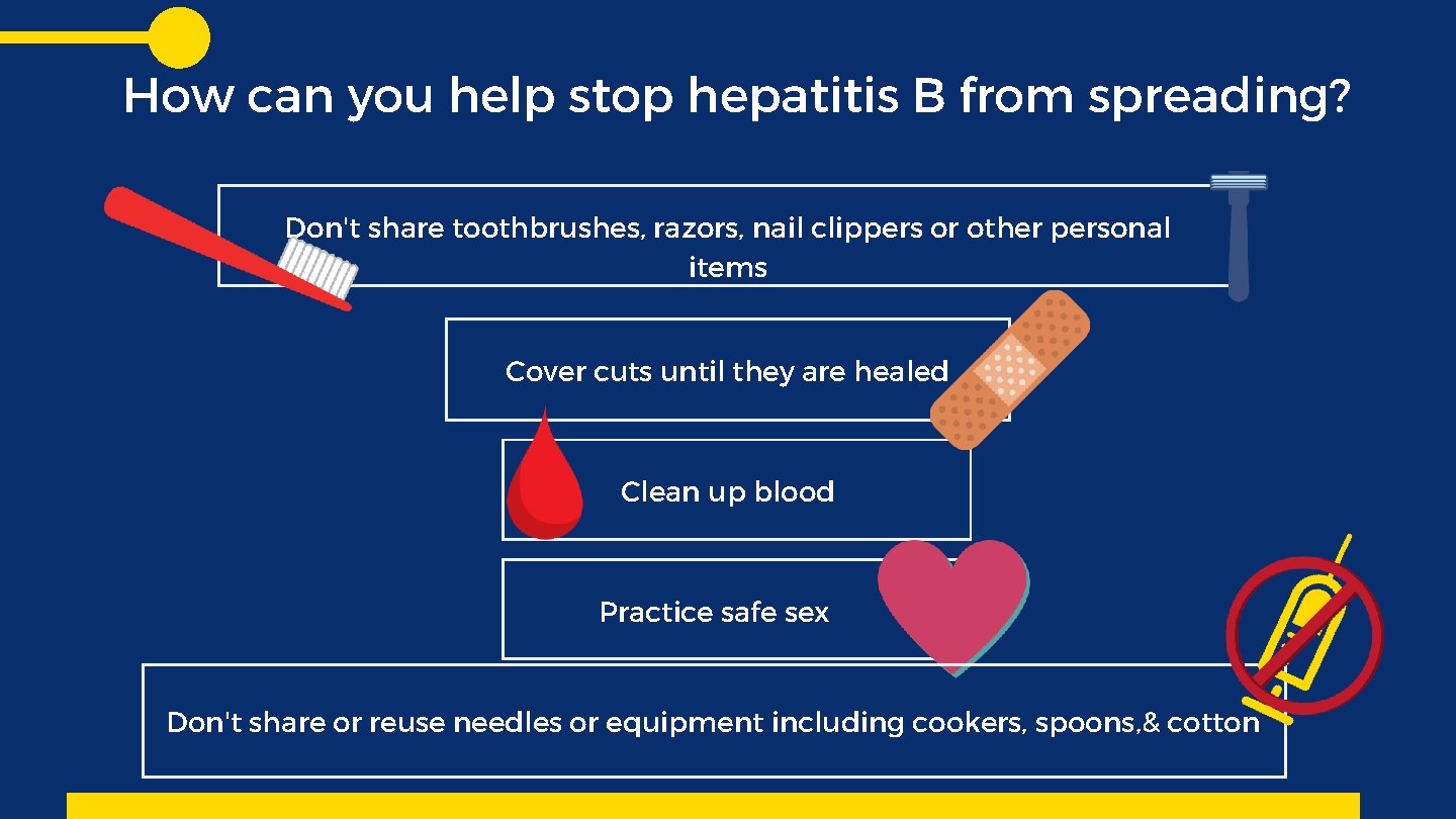 How can you help stop hepatitis B from spreading? Don't share toothbrushes, razors, nail