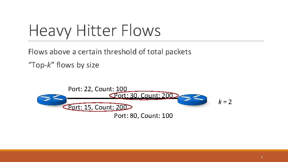 Heavy Hitter Flows above a certain threshold of total packets “Top-k” flows by size