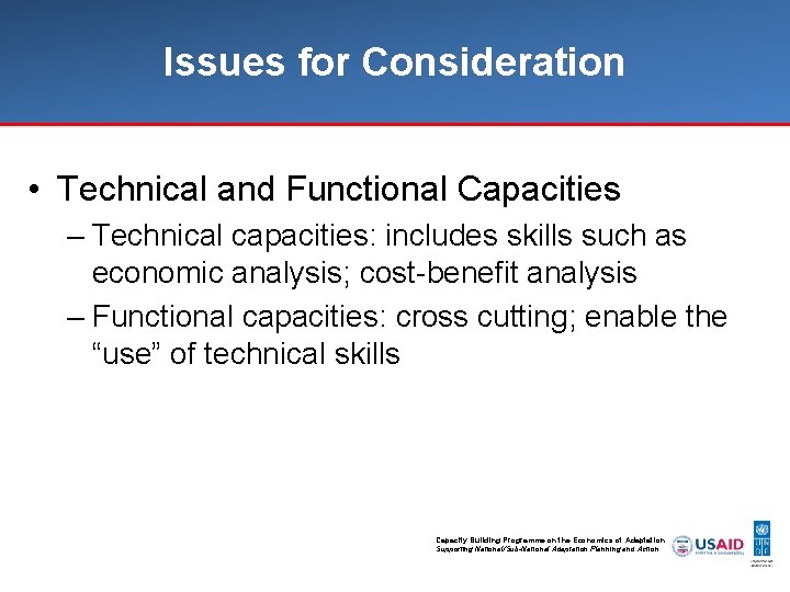 Issues for Consideration • Technical and Functional Capacities – Technical capacities: includes skills such
