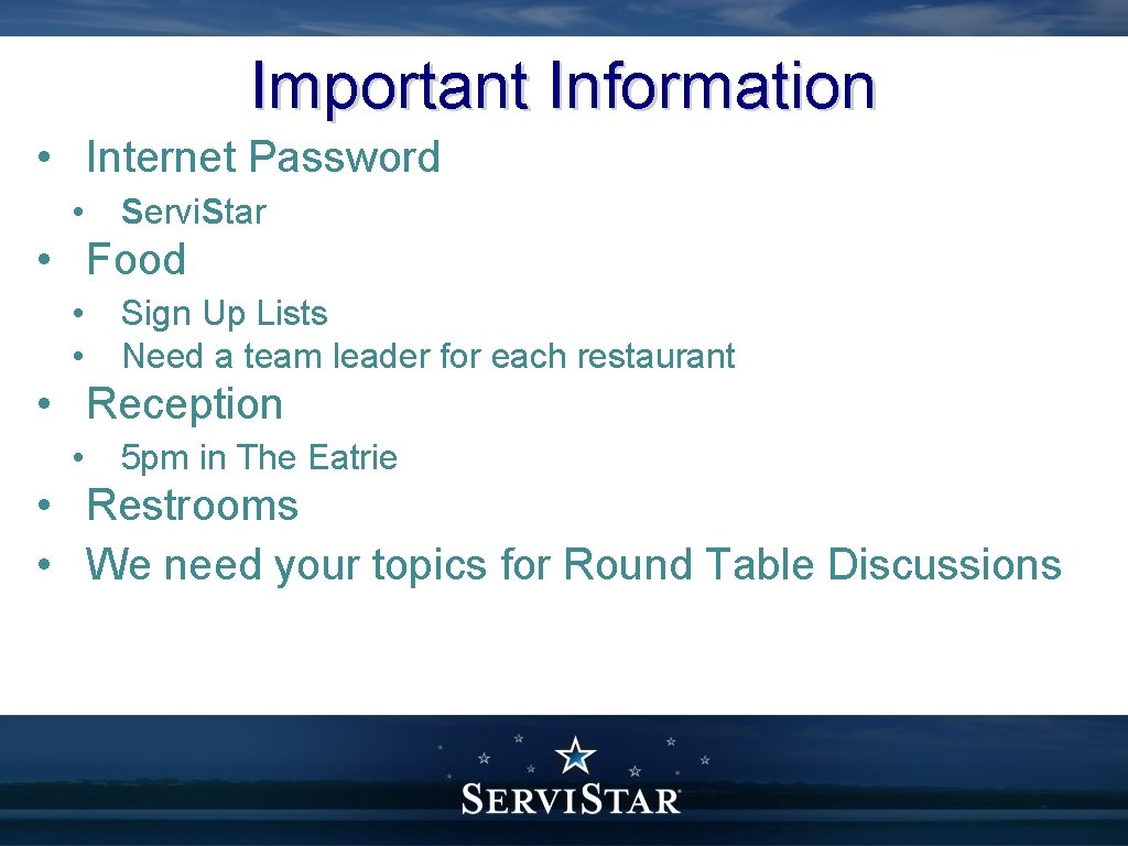 Important Information • Internet Password • Servi. Star • Food • • Sign Up
