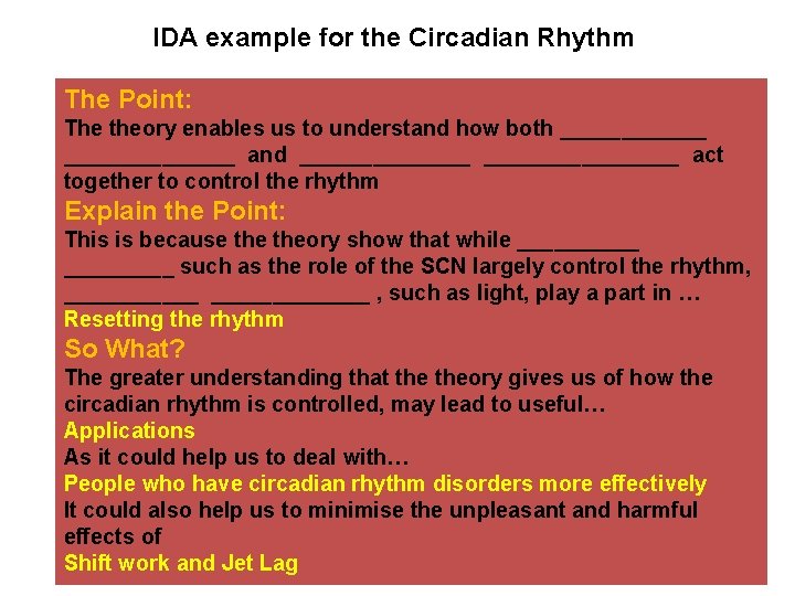 IDA example for the Circadian Rhythm The Point: The theory enables us to understand