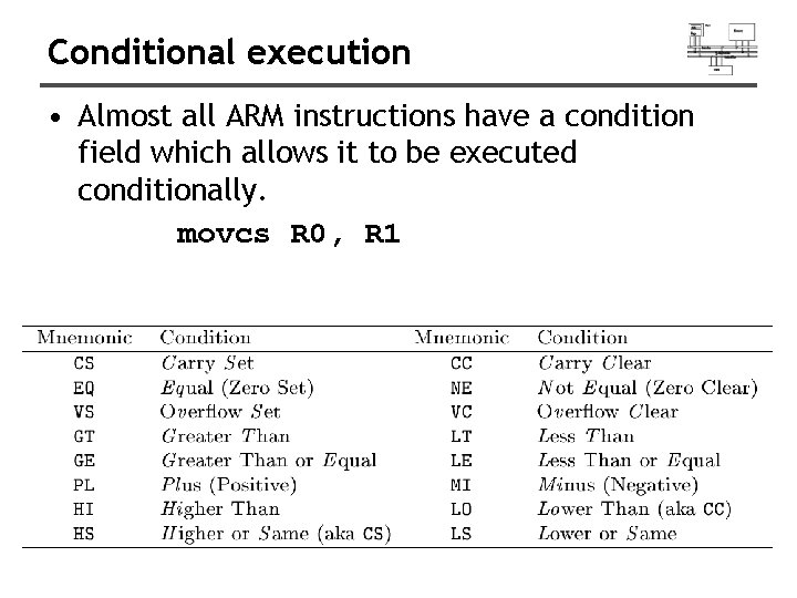 Conditional execution • Almost all ARM instructions have a condition field which allows it