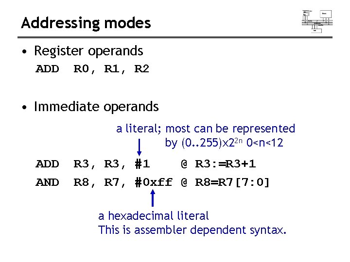 Addressing modes • Register operands ADD R 0, R 1, R 2 • Immediate