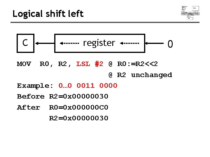 Logical shift left C MOV register 0 R 0, R 2, LSL #2 @