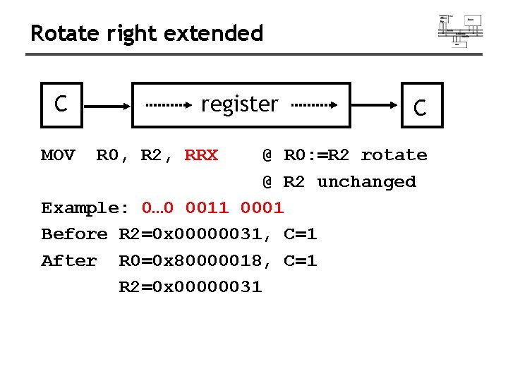 Rotate right extended C MOV register R 0, R 2, RRX C @ R