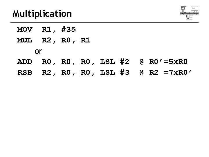 Multiplication MOV MUL R 1, R 2, or ADD R 0, RSB R 2,