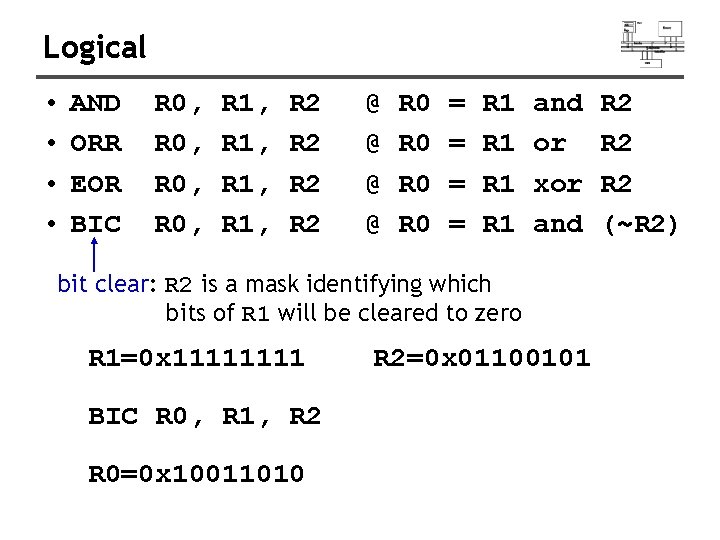 Logical • • AND ORR EOR BIC R 0, R 1, R 2 R