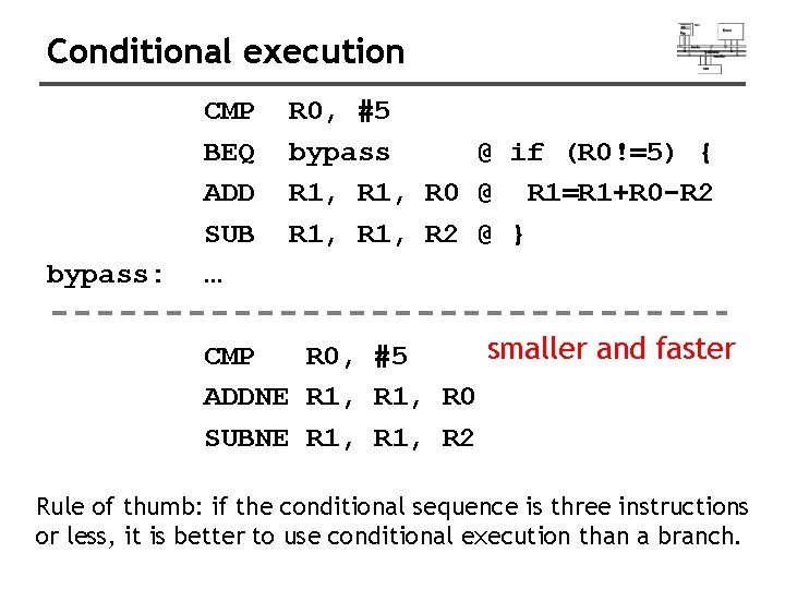 Conditional execution bypass: CMP BEQ ADD SUB … R 0, #5 bypass @ if